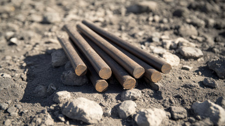 A close-up of round metal rods stacked on dry earth, surrounded by rocks. Ideal for showcasing industrial materials and tools in construction contexts.の素材