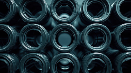 This image showcases a neat arrangement of round hollow tubes, emphasizing their smooth texture and reflective surfaces. Ideal for industrial, architectural, and artistic use.の素材