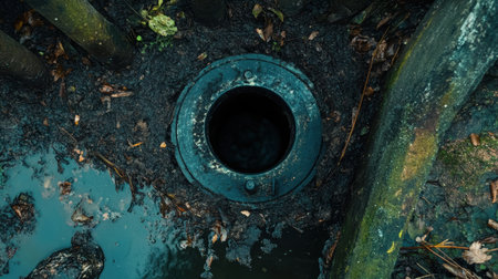 A dark drainage cover sits prominently in a muddy urban environment, surrounded by fallen leaves. Its mysterious opening invites curiosity while showcasing gritty urban elements.の素材
