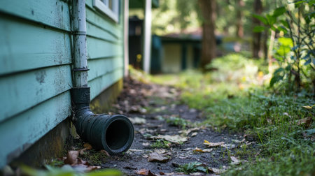 This image features a detailed view of a drainage pipe nestled against a green house wall, surrounded by lush foliage and a tranquil outdoor setting, reflecting a harmonious blend of nature and architecture.の素材