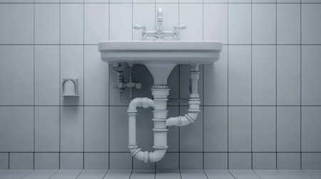 This image features a modern bathroom sink with intricate plumbing details, set against a pristine white tiled wall, perfect for showcasing contemporary interior design aesthetics.の素材