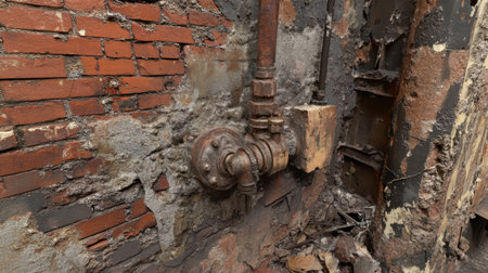 This image features a close-up view of a weathered industrial pipe attached to crumbling brick walls, illustrating wear and environmental effects in an abandoned space.の素材