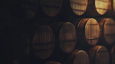This image showcases a beautiful arrangement of wooden barrel staves illuminated by warm light, emphasizing intricate textures and the art of beverage aging in a rustic setting.の素材