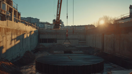 A dynamic construction site at sunrise featuring a crane working in a large excavation area. The scene conveys the spirit of urban development and industrious activity.の素材