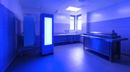 A modern kitchen environment showcasing blue lighting and stainless steel fixtures, perfect for projects focused on culinary arts, hygiene, and contemporary design themes.の素材