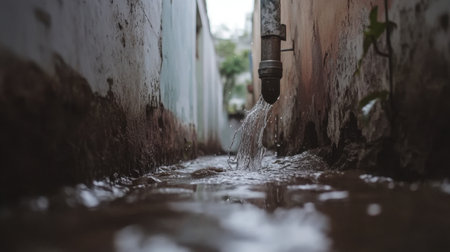 This image showcases water flowing from a pipe in a narrow alleyway, highlighting urban drainage and the interplay between nature and human infrastructure.の素材