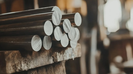 A close-up view of polished metal rods stacked on a wooden workbench, showcasing craftsmanship and industrial beauty in a rustic workshop filled with warm lighting.の素材