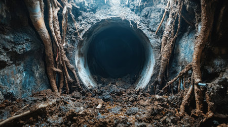 Explore the intriguing intersection of nature and construction in this dark underground scene, where roots intertwine with an aged pipe surrounded by rich soil.の素材
