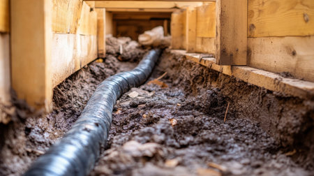 Close-up view of an underground pipeline being installed in a construction site, featuring a flexible black hose surrounded by excavated soil and wooden supports.の素材