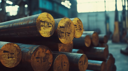A striking image capturing industrial metal rods with shiny yellow ends stacked in a factory environment, highlighting raw materials ready for the production process.の素材