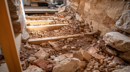 An intriguing look at an unfinished basement staircase showing loose soil and rocks, emphasizing renovation challenges and construction intricacies in home improvements.の素材
