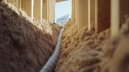 A close-up view from inside an excavation area, showcasing sandy soil, a metal pipe, and wooden beams, capturing the essence of construction work and site preparation.の素材