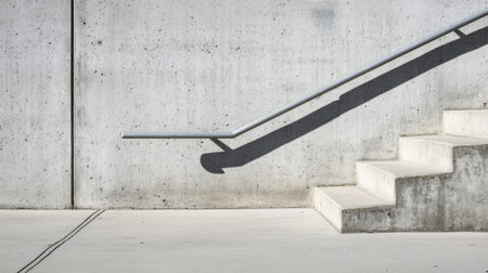 A minimalist composition featuring concrete stairs and a handrail, with shadows creating striking patterns on the wall, exemplifying modern architecture and design aesthetics.の素材