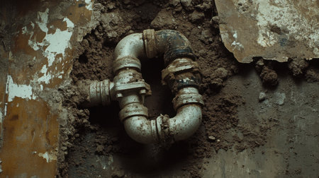 This close-up image showcases a weathered plumbing pipe connection surrounded by dirt in an abandoned industrial environment, highlighting decay and neglect.の素材