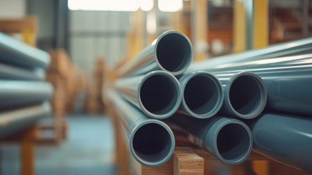 A detailed close-up image of a stack of grey PVC pipes arranged in a warehouse setting, showcasing the smooth surface and modern industrial environment for construction and plumbing projects.の素材