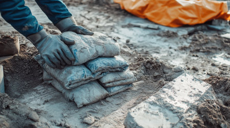 A skilled worker meticulously stacks cement bags at a construction site, showcasing the essence of manual labor amid tools and soil, illustrating the construction process.の素材