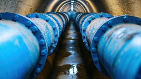 A close-up view of blue water pipes in an underground tunnel, emphasizing the industrial design and infrastructure necessary for municipal engineering and utility services.の素材
