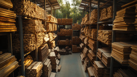 A spacious warehouse filled with neatly arranged wooden planks and beams, showcasing the beauty and versatility of timber in a bright and organized setting.の素材