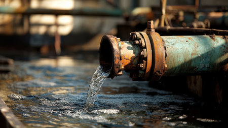 An industrial pipe discharges water into a body of water, emphasizing the interplay between infrastructure and environmental impacts in urban settings.の素材