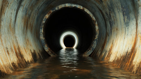 Captivating view of a rusty pipe submerged in water, showcasing circular light reflections that create a haunting atmosphere of depth and mystery in an urban environment.の素材