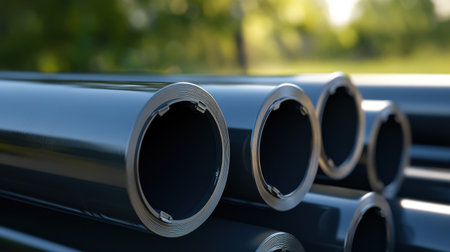 This image features a close-up of stacked black pipes, showcasing the sleek surface and metallic edges against a blurred natural backdrop, ideal for industrial and construction themes.の素材
