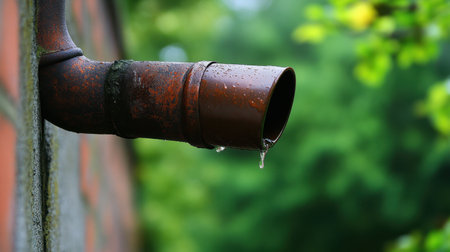 A close-up view of a rusty pipe dripping water in an outdoor setting, surrounded by lush greenery. This image captures the beauty of nature and the passage of time.の素材