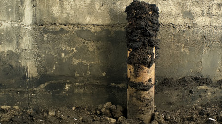 A rusty pipe stands tall amidst dirt and grime, set against a weathered concrete wall. This image captures the essence of decay and neglect in an abandoned environment.の素材