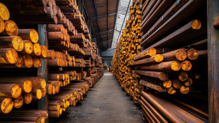 A striking view of a warehouse filled with stacked wooden logs, highlighting the rich colors and unique textures of timber, ideal for industry-related projects or nature themes.の素材