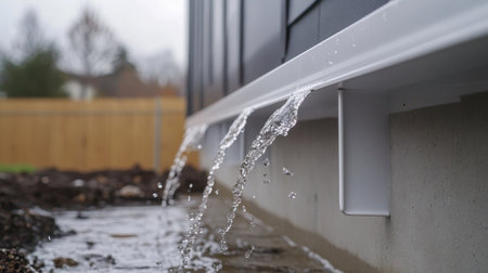 Close-up view of a gutter downspout draining water during rain, showcasing the importance of effective drainage systems for home maintenance and protection against flooding.の素材