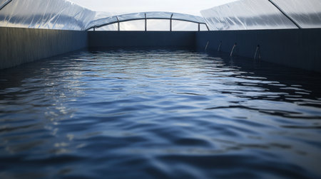 A serene indoor pool featuring a tranquil water surface, encased in a clear roof, reflecting a peaceful environment that promotes relaxation and wellness.の素材