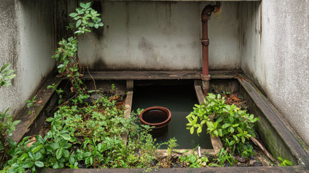 An intriguing view of an urban drainage system overtaken by plants, showcasing nature's ability to reclaim spaces. A flower pot adds a touch of life amidst the decay.の素材