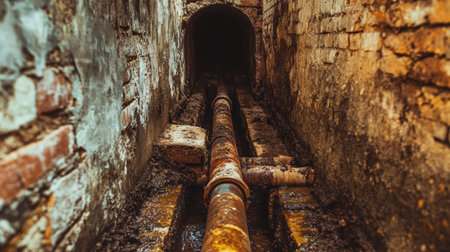 A detailed view of a narrow sewer tunnel featuring rusty pipes, dark ambiance, and weathered brick walls, capturing the essence of urban decay and infrastructure.の素材