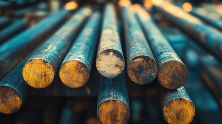 This image captures industrial steel rods arranged closely together, emphasizing their textures and patterns in a factory setting, illuminated with warm lighting.の素材