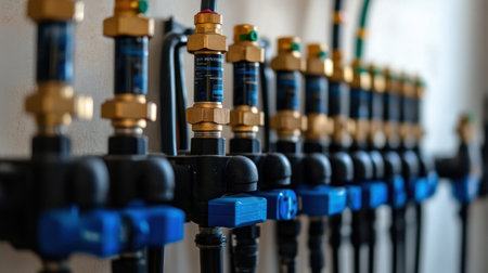 Detailed view of an industrial water control system showcasing precision valves and connectors designed for effective flow management and pressure regulation.の素材