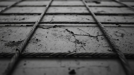 A striking black and white image showcasing a textured concrete surface with visible cracks and intertwined metal wires, perfect for artistic or industrial projects.の素材