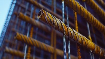 A detailed close-up of rusted steel reinforcement bars in a construction site, highlighting the industrial texture and craftsmanship of essential building materials against a blue sky.の素材