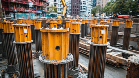 View of a construction site showcasing concrete pillars with steel reinforcement, highlighting the structural preparations essential for urban development and engineering projects.の素材