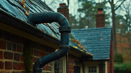 A serene close-up of a downspout capturing autumn rain, surrounded by leaves and a rustic roof, creating a cozy and tranquil outdoor atmosphere on a rainy day.の素材