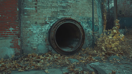 A haunting scene of a large, open pipe in an abandoned industrial setting, surrounded by fallen leaves and aged brick, evoking feelings of decay and forgotten history.の素材
