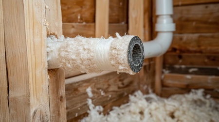 Image showcases insulation material around a pipe in a wooden house interior, emphasizing the importance of energy efficiency and renovations for optimal comfort and utility savings.の素材