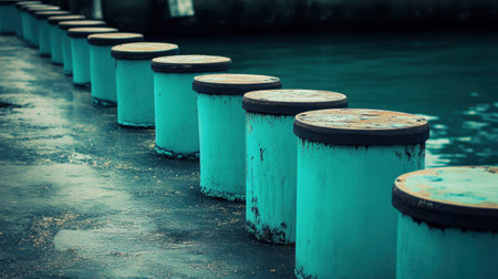 A striking image of a row of weathered blue docking posts near calm waters, showcasing unique textures and stunning colors, perfect for coastal and serene themes.の素材