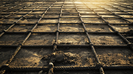 A captivating close-up of reinforcement mesh on a construction site ground at sunrise, showcasing intricate textures and patterns of industrial materials in an urban environment.の素材