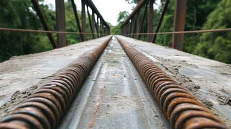 A detailed close-up of weathered steel rebar on a construction bridge, showcasing the contrast between industrial materials and lush greenery surrounding the site.の素材
