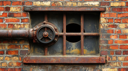 Detailed view of a rusty industrial pipe set against a textured brick wall, highlighting the unique blend of urban decay and rich historical architecture in a captivating scene.の素材