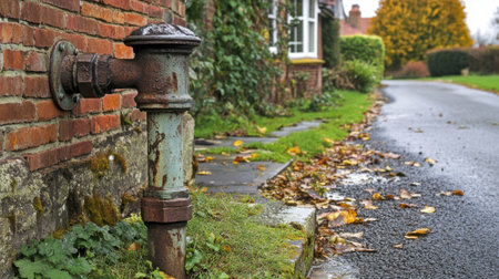 Discover a rustic scene featuring a weathered water pipe beside a brick wall, surrounded by autumn leaves and a tranquil country road. Perfect for nature and infrastructure themes.の素材