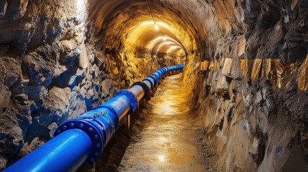 A blue water pipeline runs through a dimly lit underground tunnel, surrounded by natural rock formations. This setting highlights the engineering marvels in modern infrastructure projects.の素材