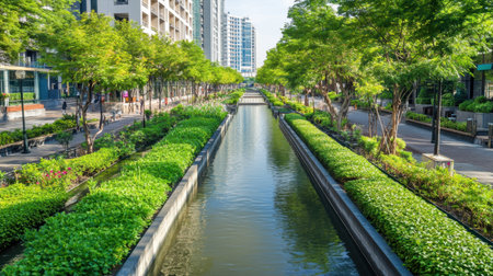 A peaceful urban scene featuring a canal lined with bright greenery, modern buildings, and walking paths, ideal for city life and nature enthusiasts.の素材