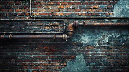 A close-up view of a rusty pipe set against a weathered brick wall, capturing the essence of industrial design and urban aesthetics in a vintage architectural context.の素材