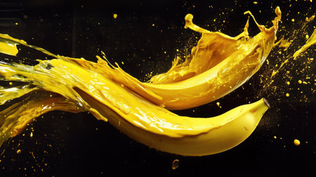 A captivating image of bananas splashing in vibrant yellow liquid against a dark backdrop, symbolizing freshness and energy, perfect for food-related projects and marketing.の素材