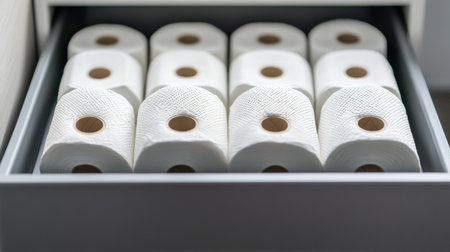 A well-organized drawer showcasing white paper towels arranged in neat rolls, highlighting the importance of cleanliness and practicality in everyday household management.の素材